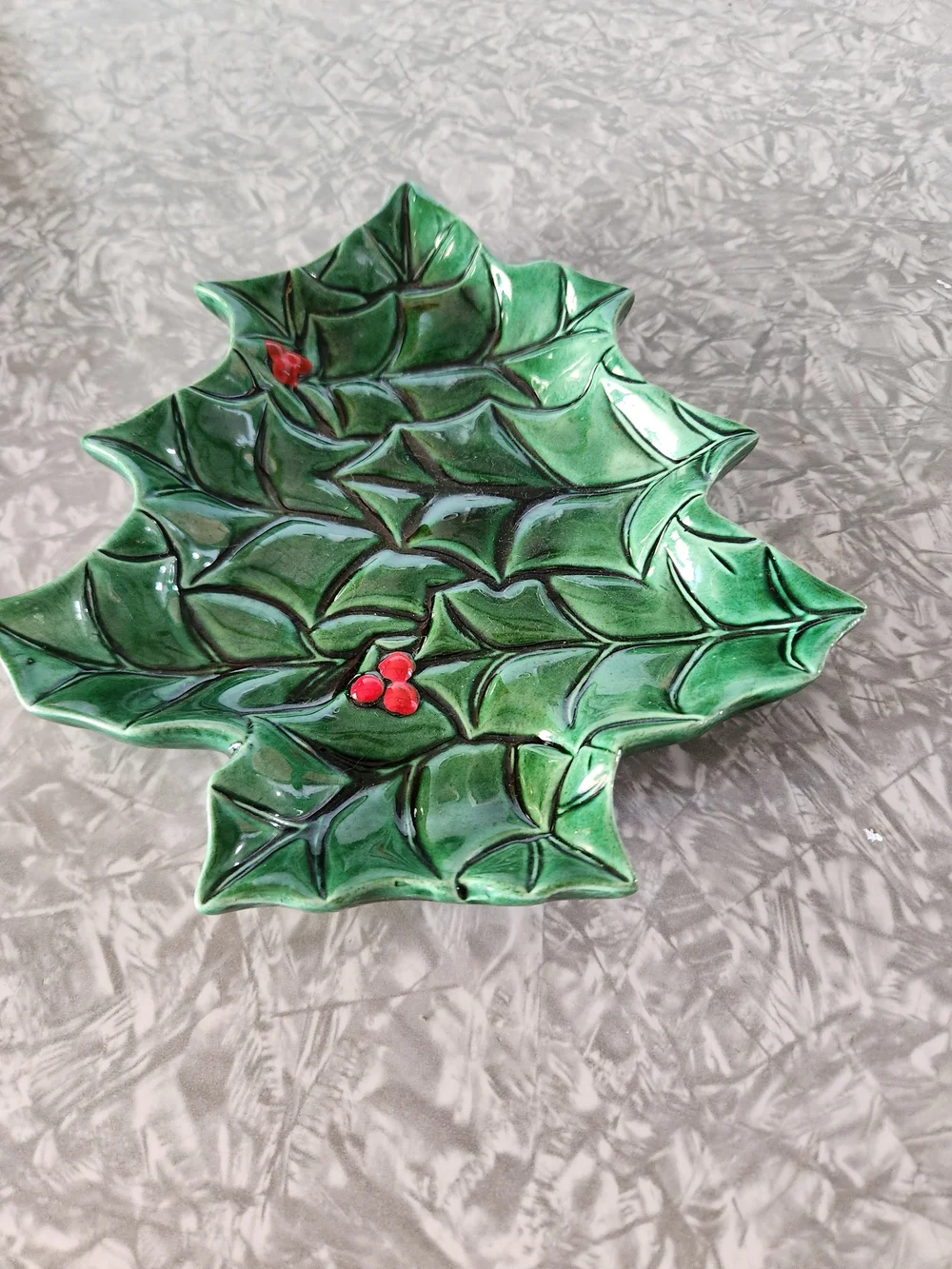 Green Holly Leaf Ceramic Holiday Dish